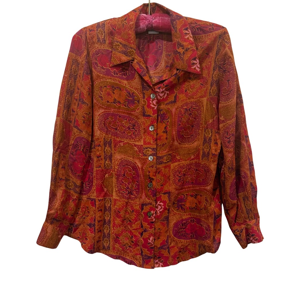 Tess Womens 100% Silk Vintage Tapestry Floral Print Button Down Blouse Red Small